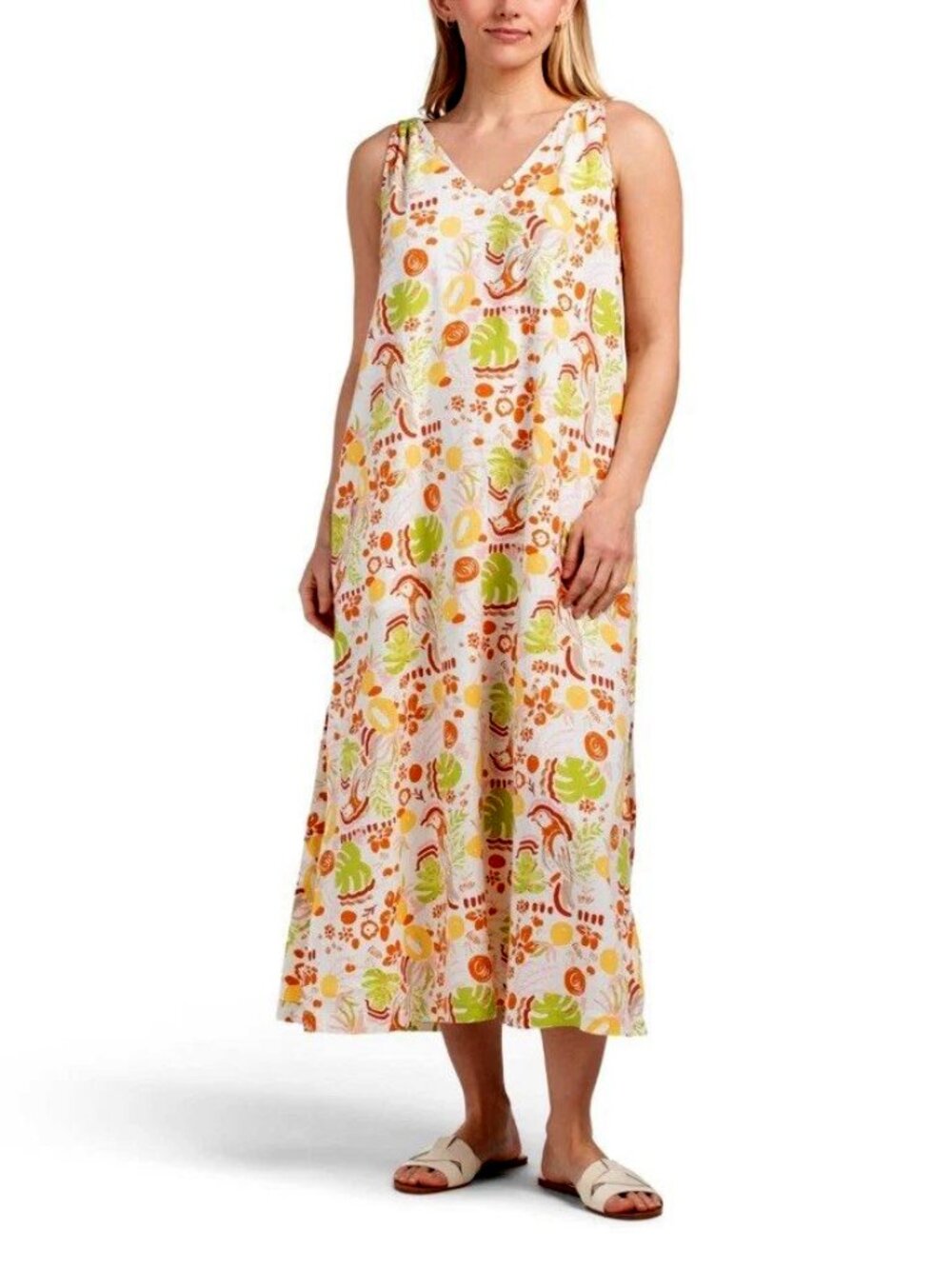 C&C California Linen Blend Tropical Bird Maxi Dress Size S Pockets